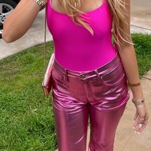 Good American Icon High Rise Straight Faux Leather Jeans in Powder Pink Metallic